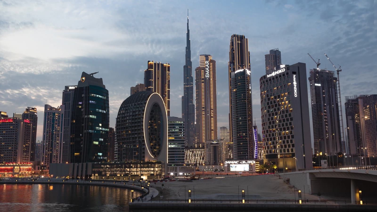 Business Bay and the Burj Khalifa at dusk, Dubai
