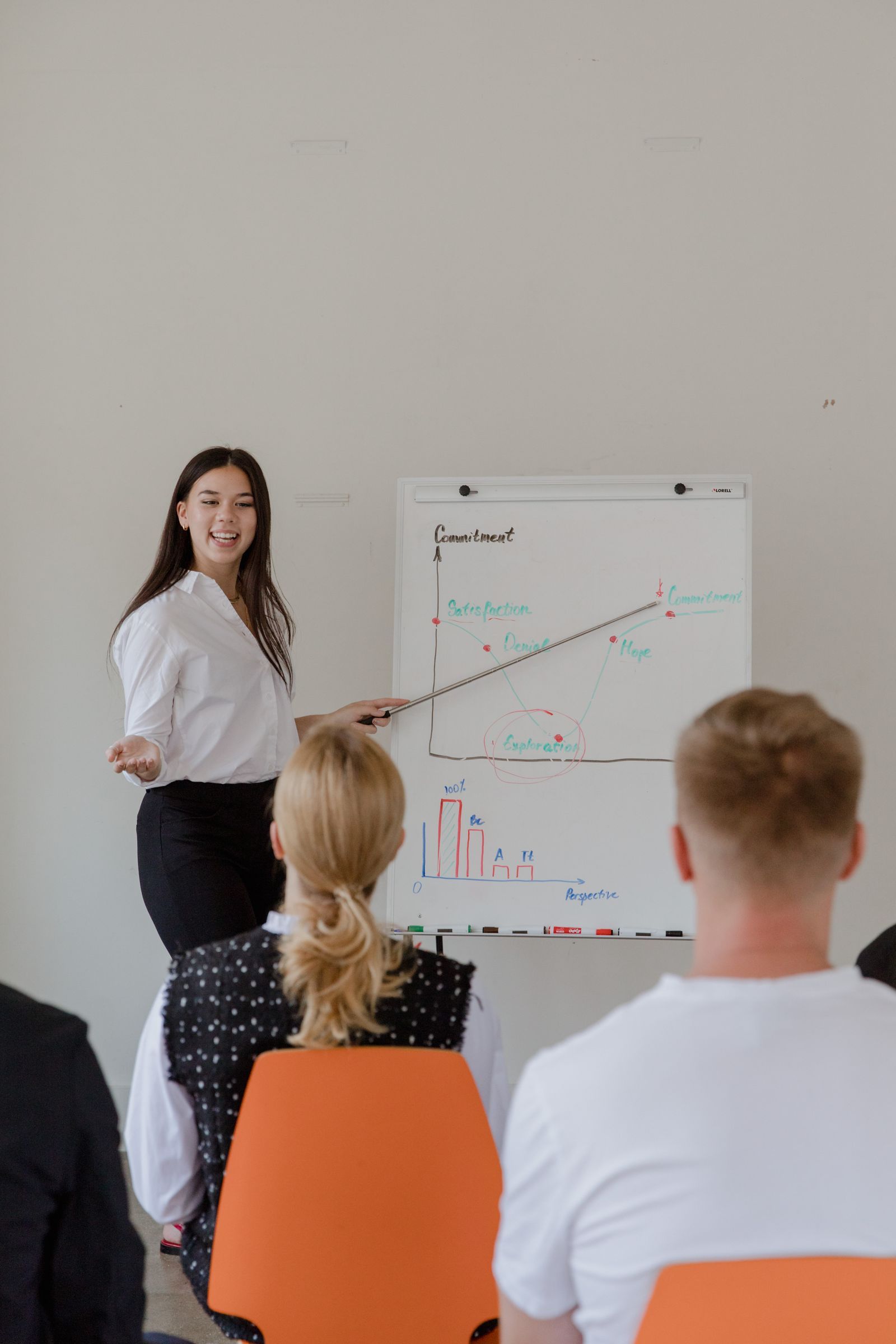 A trainer presenting to a team in an office